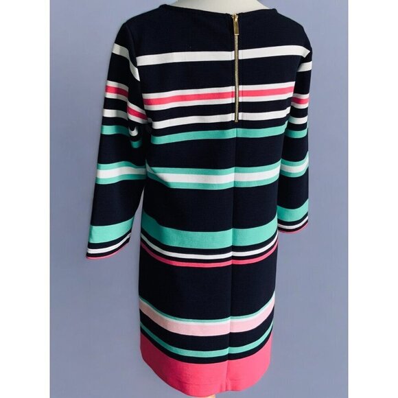 Crown & Ivy Womens Quarter Sleeve Back Zip Striped Navy Knee Length Dress Medium - Picture 8 of 9